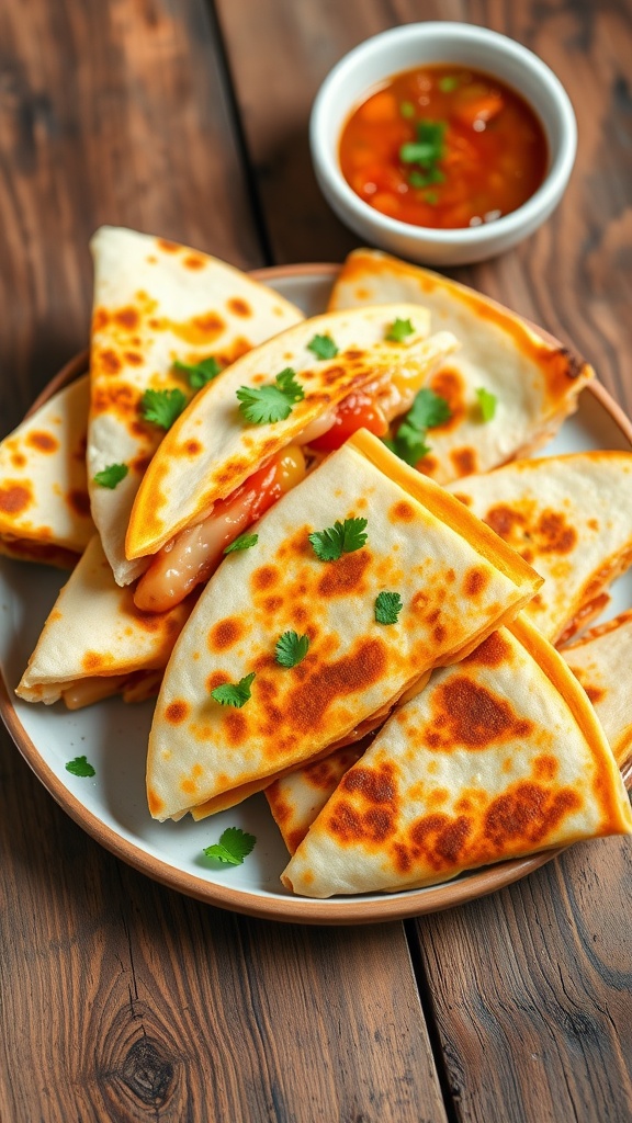 Golden brown cheesy chicken quesadillas cut into triangles, garnished with cilantro, served with salsa.